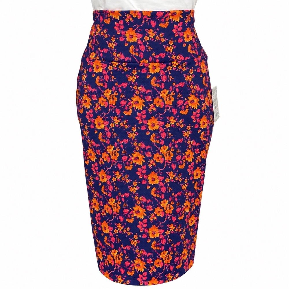 LuLaRoe Cassie Pencil Skirt Large Navy Blue Orange Floral Bodycon Knee Length